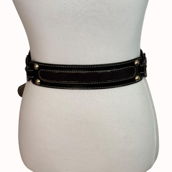 Edgy Link Ring Statement Belt Size M Black Leather Studded Circle Y2k Biker Chic - Picture 3 of 16